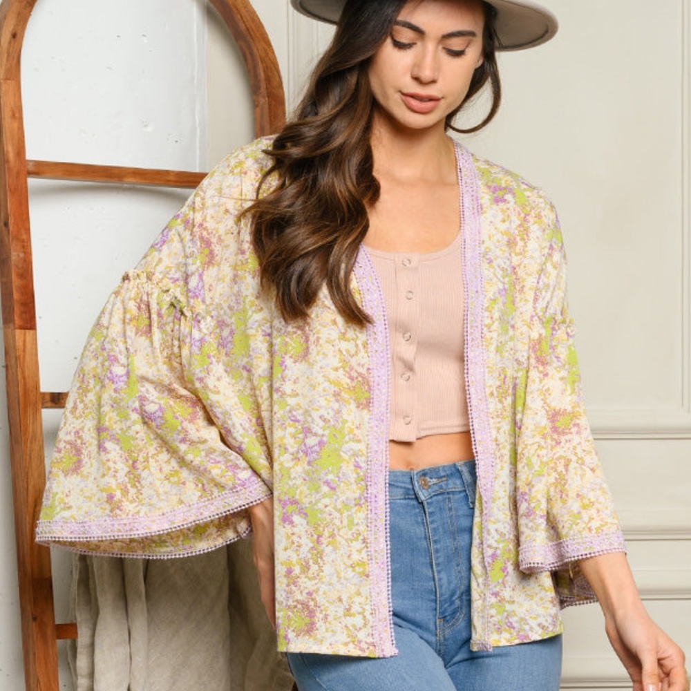 #63 BELL SLEEVE OPEN FLORAL CARDIGAN